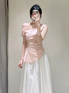 ZA外贸出口新款女装温柔香槟玫瑰粉小仙女褶皱不对称上衣5644768