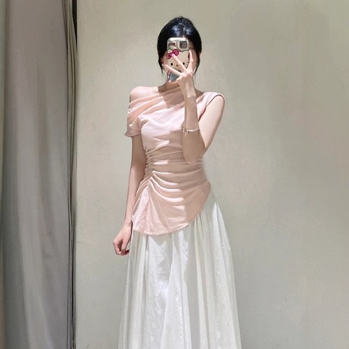 温柔香槟粉小仙女褶皱不对称上衣