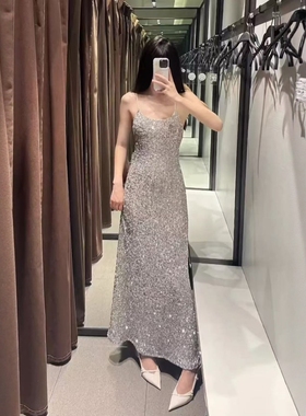 ZA外贸出口女装修身亮面反光珠片饰内衣式吊带连衣裙 1223454