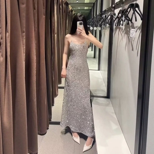 吊带连衣裙 亮面反光珠片饰内衣式 1223454 修身 ZA外贸出口女装
