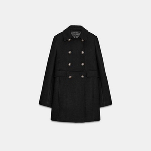 ZA外贸出口多色选双排扣装 大衣外套9129341 饰羊毛混纺双襟短款