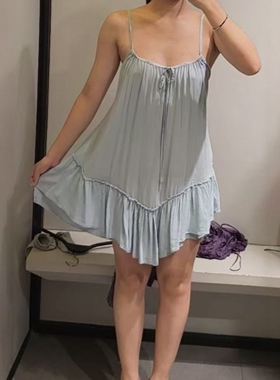 ZA外贸出口女淡蓝色沙滩度假休闲垂坠叠层装饰迷你连衣裙 6929189