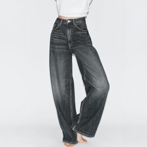 固色百搭经典超宽腿高腰牛仔裤
