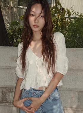 ZA外贸出口秋季法式纯欲水手领蓬蓬型白色提花衬衫上衣4661116