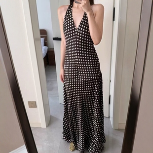 ZA外贸出口女装 度假风长系带露背波点挂脖领连衣裙8255016