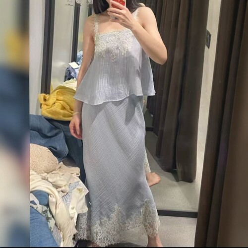 蕾丝花边拼接撞色迷笛半身裙