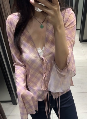 ZA外贸出口女装度假风休闲粉红小格纹印花绢网衬衫5039348 119