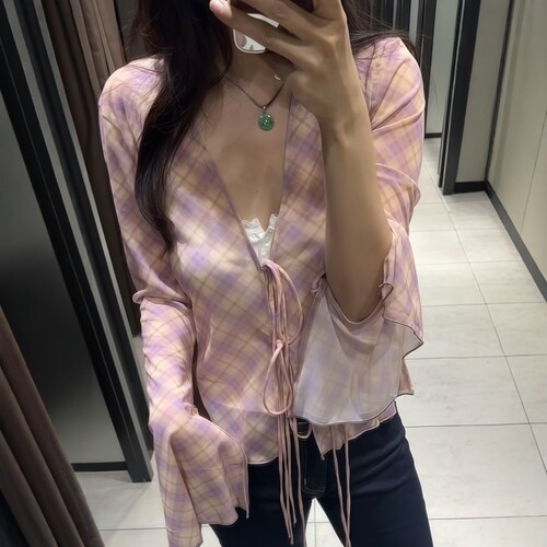 粉红小格纹印花系带绢网衬衫