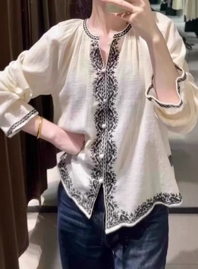 ZA外贸出口女装田园自然风休闲黑色撞色花边刺绣衬衫上衣5770043