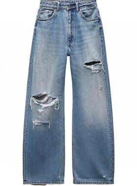 ZA外贸出口女装新品百搭休闲水洗中腰直筒破洞牛仔裤8197021 400