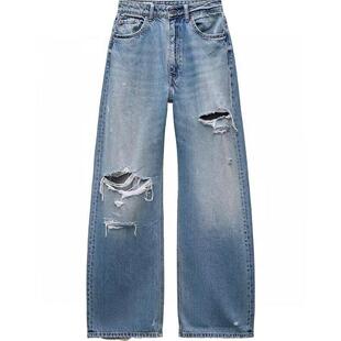 ZA外贸出口女装 百搭休闲水洗中腰直筒破洞牛仔裤 8197021 400 新品