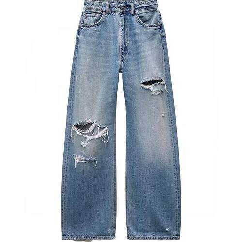 百搭休闲水洗中腰直筒破洞牛仔裤