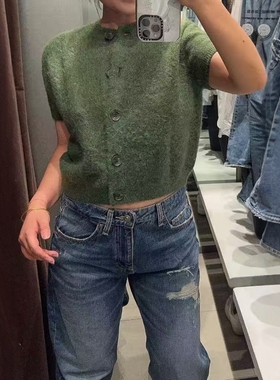 ZA外贸出口女装墨绿色休闲修身排扣装饰小短袖针织外套 9598181