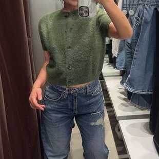 针织外套 ZA外贸出口女装 饰小短袖 排扣装 9598181 墨绿色休闲修身