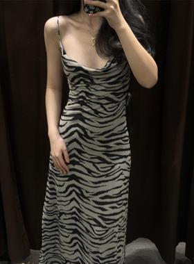 ZA外贸出口新款斑马纹荡领修身弹力网纱吊带连衣裙长裙女5039474