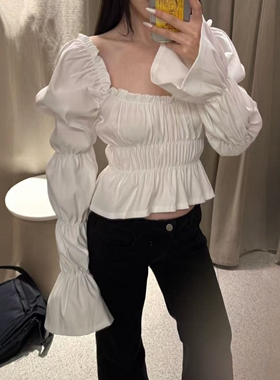 ZA外贸出口女装法式方领小灯笼袖蓬蓬褶皱设计泡泡袖上衣 5584227
