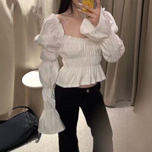 蓬蓬褶皱设计泡泡袖 ZA外贸出口女装 法式 方领小灯笼袖 5584227 上衣