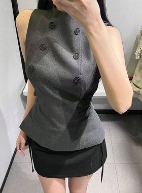 ZA外贸出口女法式通勤风纽扣高领马甲款职场干练无袖上衣3067146
