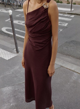 ZA外贸出口女单肩细吊带卡扣饰亚麻不对称迷笛连衣裙8840386 610