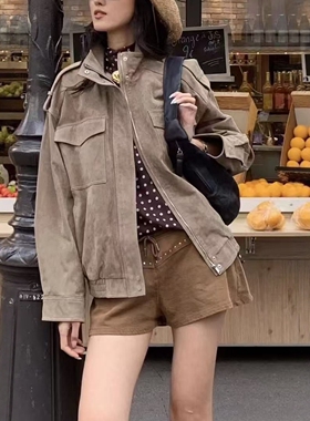 ZA外贸出口女装美式砂石浅棕色休闲绒面质感皮革外套4341770 737