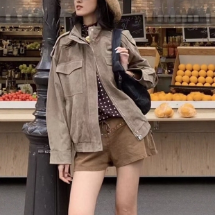 737 砂石浅棕色休闲绒面质感皮革外套4341770 ZA外贸出口女装 美式