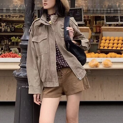 砂石浅棕色休闲绒面质感皮革外套