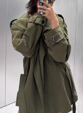 ZA外贸出口女装新品美式大立领肌理感棉质配腰带风衣8490745