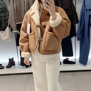 ZA外贸出口女装 254 软质羊羔绒固色处理大排扣双面两面穿外套6318