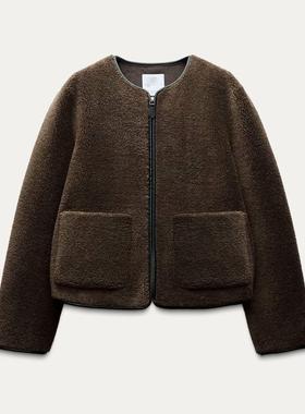 ZA外贸出口秋冬新品女装深咖色抓绒拼接圆领长袖夹克外套 8372252