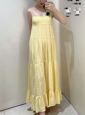 ZA外贸出口分层设计明黄色纹理棉露背拼接连衣裙8232702 300