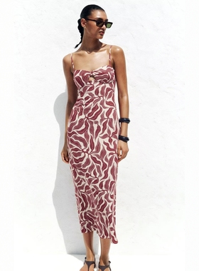 ZA外贸出口新品女装甜美印花度假风亚麻混纺迷笛连衣裙8372094068