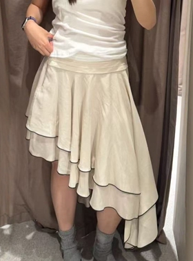 ZA外贸出口女装新款流光杏色中腰压褶叠层装饰不对称裙子 2661209