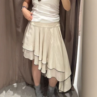 ZA外贸出口女装 流光杏色中腰压褶叠层装 饰不对称裙子 2661209 新款