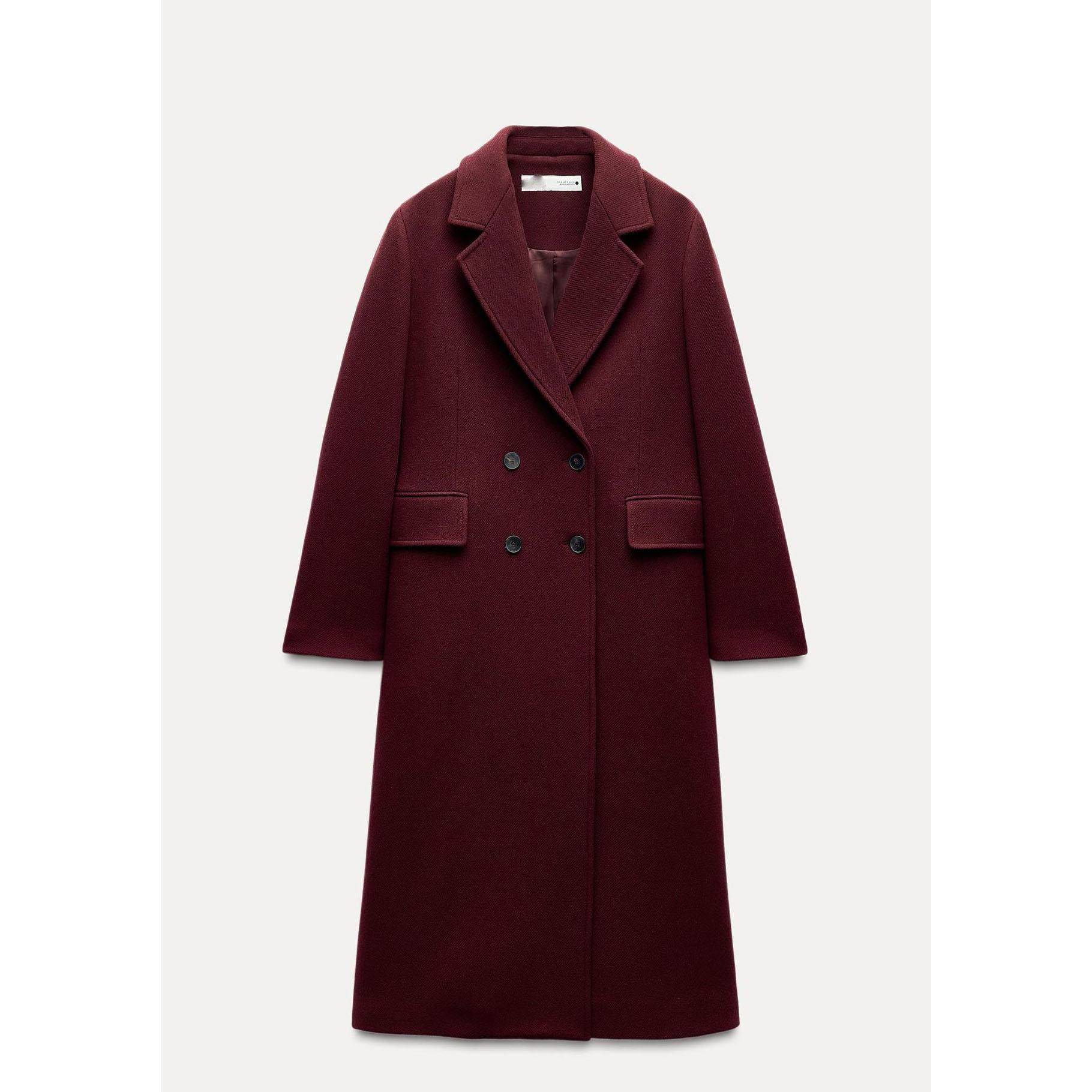 ZA外贸出口秋冬新品女装勃艮第酒红色羊毛混纺大衣外套9231756