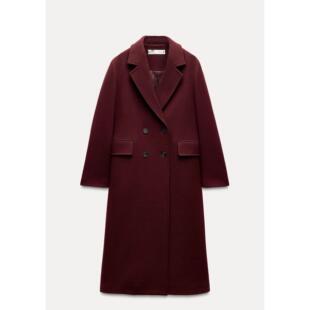 ZA外贸出口秋冬新品 勃艮第酒红色羊毛混纺大衣外套9231756 女装