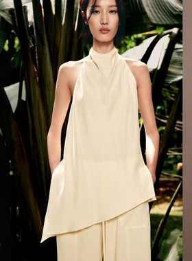 ZA外贸出口2706253辣妹新装垂顺丝缎质感挂脖露背上衣2754253 712