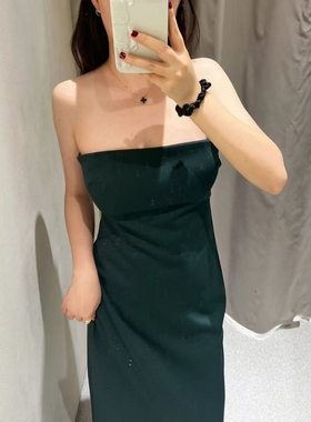 ZA外贸出口女装法式一字肩复古墨绿色开叉抹胸连衣裙1198454