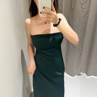 ZA外贸出口女装 一字肩复古墨绿色开叉抹胸连衣裙1198454 法式