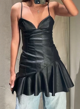 ZA外贸出口女装美式辣妹风仿皮叠层装饰短款吊带连衣裙 9229244