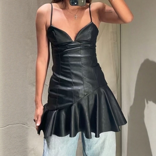 吊带连衣裙 ZA外贸出口女装 饰短款 辣妹风仿皮叠层装 9229244 美式