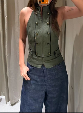 ZA外贸出口女新款美式复古轻工装休闲露背双襟挂脖领上衣3052741