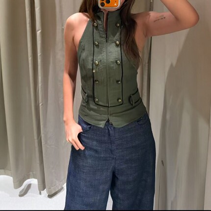 ZA外贸出口女新款美式复古轻工装休闲露背双襟挂脖领上衣3052741