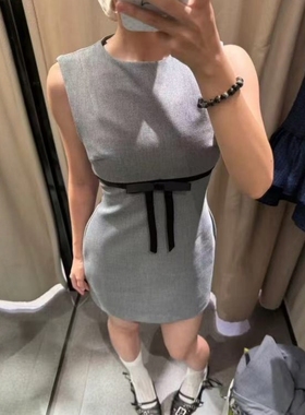 ZA外贸出口撞色腰带装饰收腰蝴蝶结饰丝缎质感短连衣裙女3152256