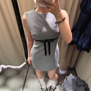 ZA外贸出口撞色腰带装 饰收腰蝴蝶结饰丝缎质感短连衣裙女3152256