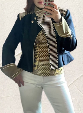 ZA外贸出口女装复古轻骑兵军装风金丝绒绳结扣外套2453326 422