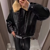 ZA外贸出口女装 美式 老爹风人造皮草效果翻领MA1飞行员夹克3548247