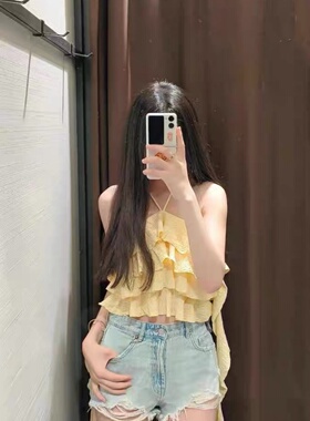 ZA外贸出口夏季新款辣妹风香子兰色叠层荷叶边挂脖上衣女5039250