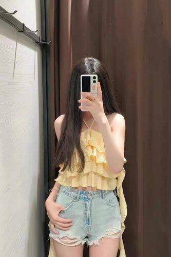 香子兰色挂脖上衣叠层荷叶边吊带