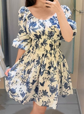 ZA外贸出口女装出游花卉V领喇叭裙摆棉质公主袖碎花连衣裙132837