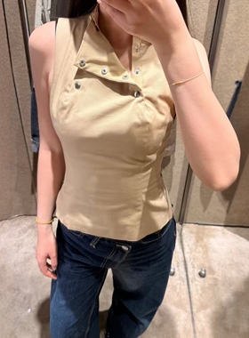 ZA外贸出口女装新款美式复古无袖微修身纽扣饰弹力上衣 3067055